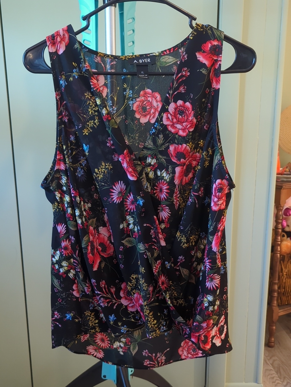 A. Byer Black Floral Wrap-Front Sleeveless Blouse